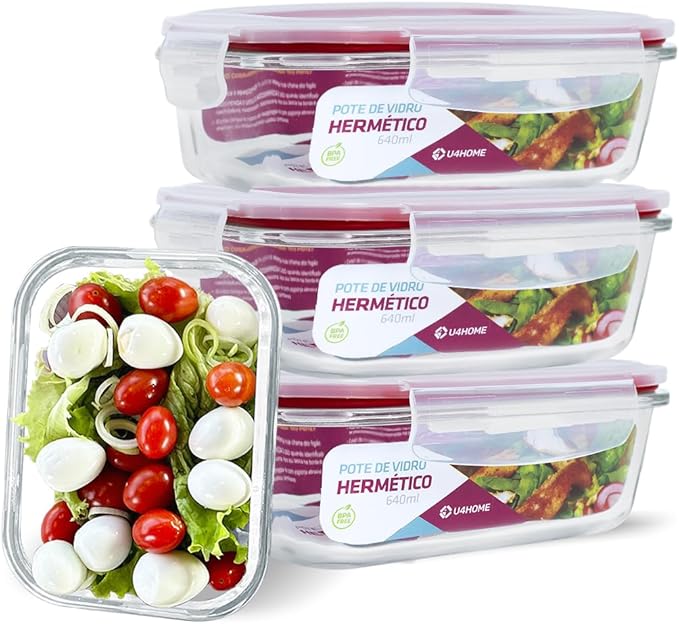 Kit com 15 Potes Herméticos de Vidro + 10 Copos
