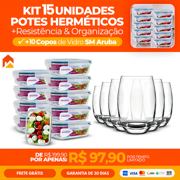 Kit com 15 Potes Herméticos de Vidro + 10 Copos de Vidro de Brinde